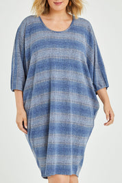 Model Jess wearing size 12 of the Belle Side Drape Stripe Dress in colour Stripe (Blue), from the front, cropped image