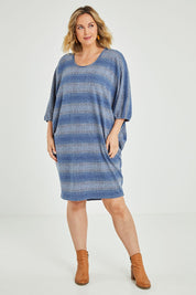 Model Jess wearing size 12 of the Belle Side Drape Stripe Dress in colour Stripe (Blue), from the front, showing the whole outfit