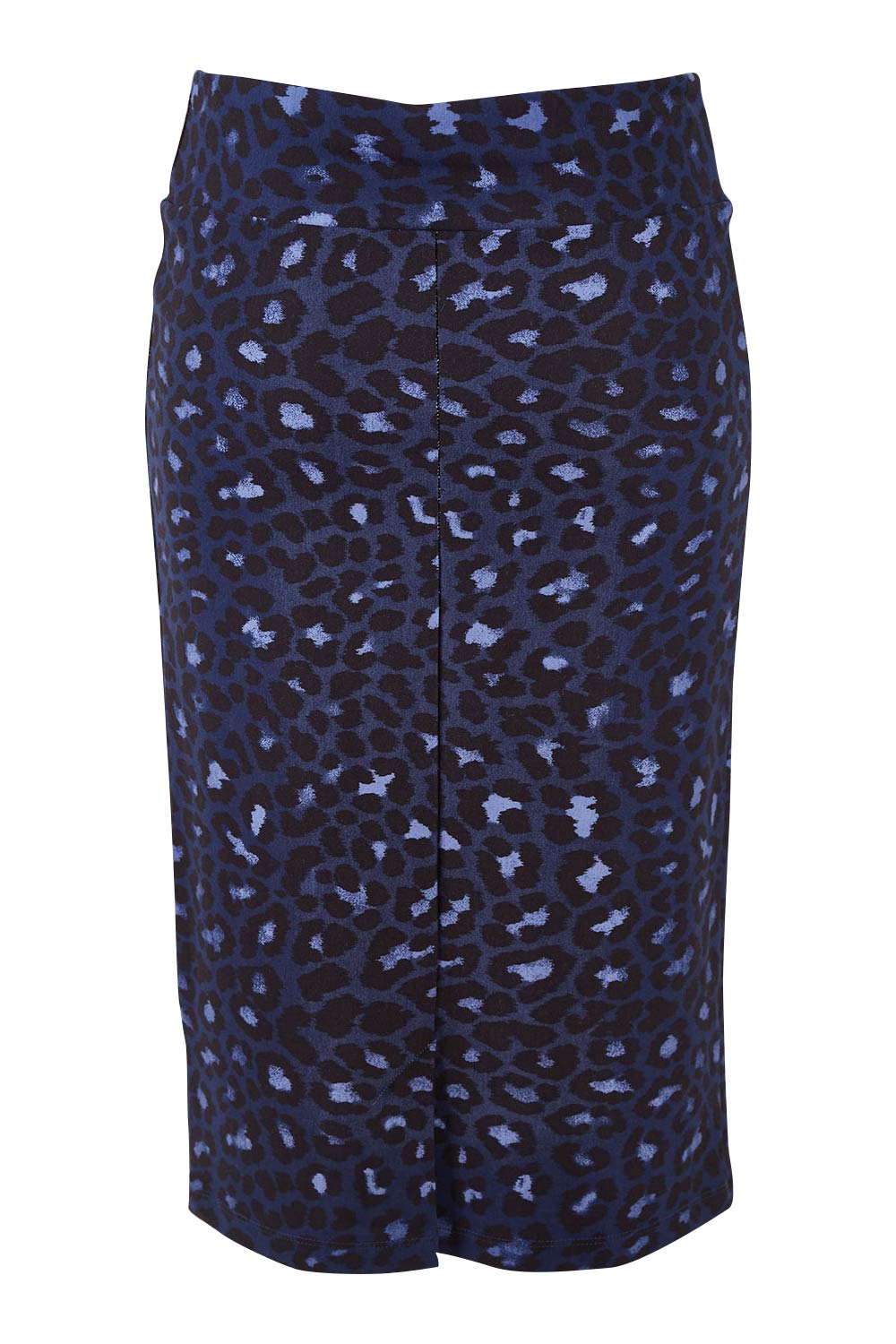 Product shot of the Belle Animal Print Pencil Skirt in colour Animal (Blue), from the back