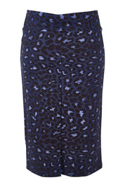 Product shot of the Belle Animal Print Pencil Skirt in colour Animal (Blue), from the back