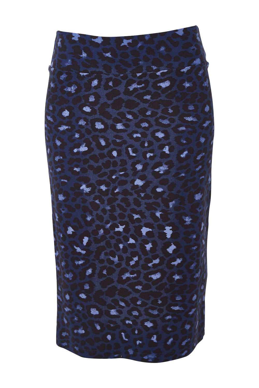 Product shot of the Belle Animal Print Pencil Skirt in colour Animal (Blue), from the front