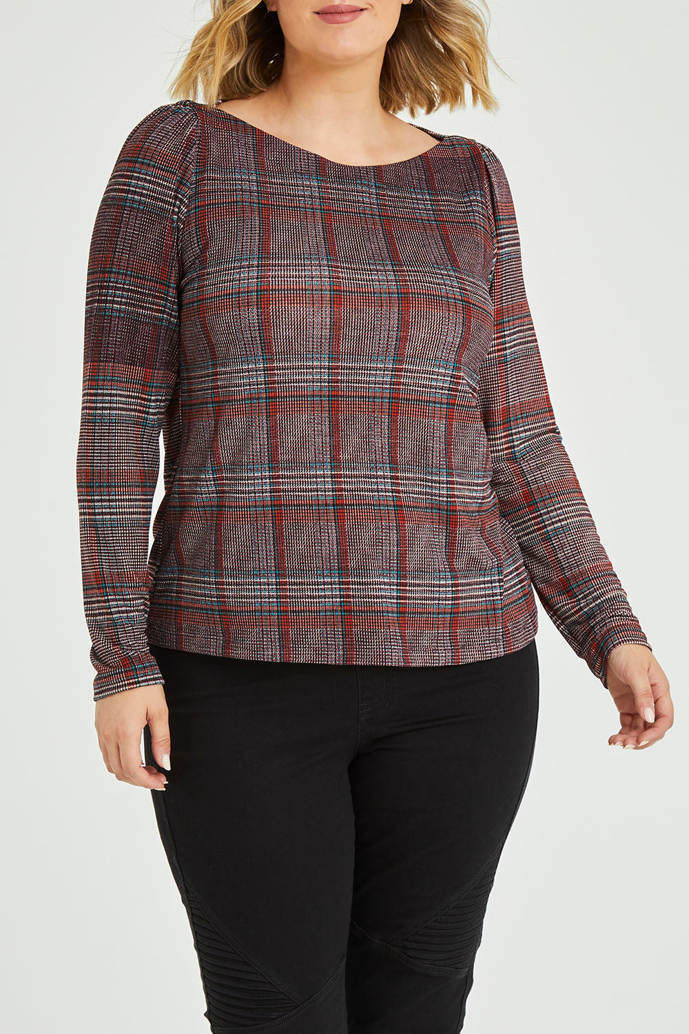 Model Jess wearing size 12 of the Belle Check Tee in colour Check, from the front, cropped image