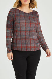 Model Jess wearing size 12 of the Belle Check Tee in colour Check, from the front, cropped image