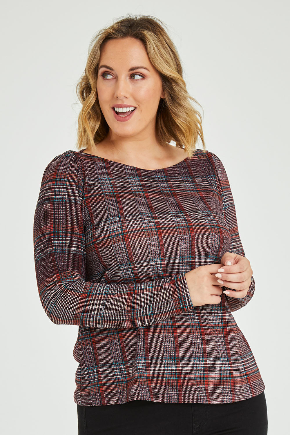 Model Jess wearing size 12 of the Belle Check Tee in colour Check, from the front, cropped image
