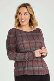 Model Jess wearing size 12 of the Belle Check Tee in colour Check, from the front, cropped image