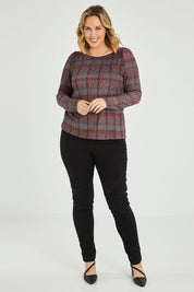 Model Jess wearing size 12 of the Belle Check Tee in colour Check, from the front, showing the whole outfit