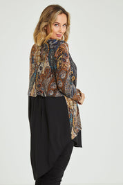 Model Jess wearing size 12 of the Belle Paisley Mixed Fabric Tunic in colour Paisley, from the back