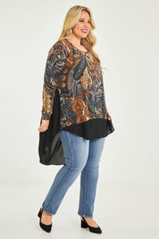 Model Katie wearing size 16 of the Belle Paisley Mixed Fabric Tunic in colour Paisley, from the front, showing the whole outfit