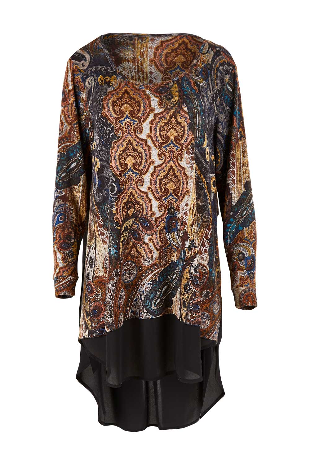 Product shot of the Belle Paisley Mixed Fabric Tunic in colour Paisley, from the front