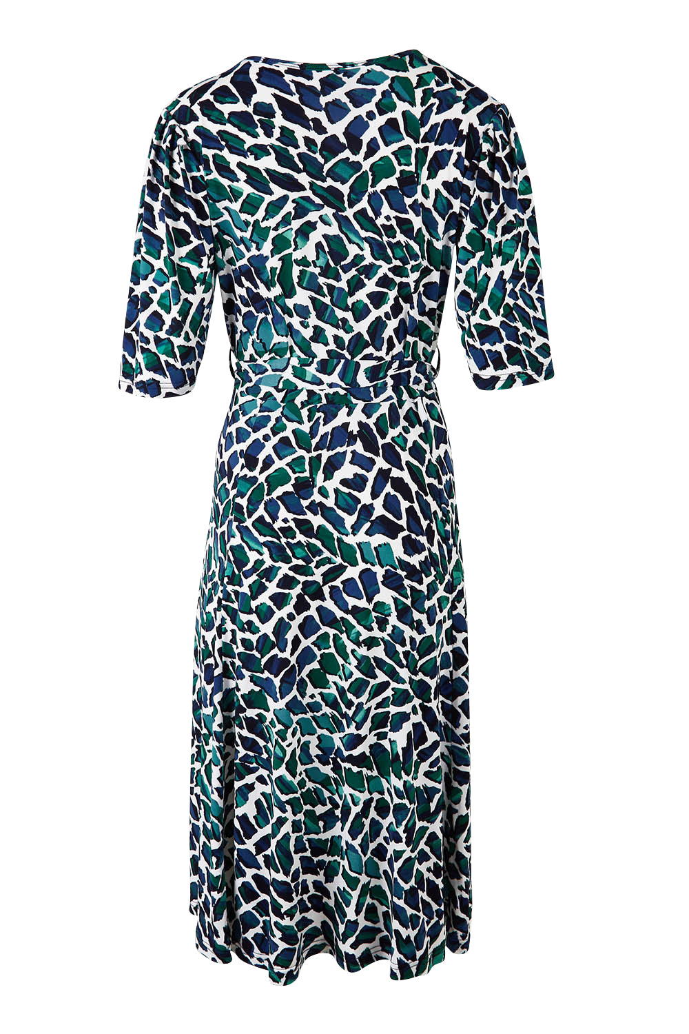 Product shot of the Belle X Over Full Skirt Dress in colour Bluegreen (Blue), from the back