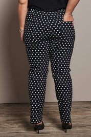 Model Ashleigh wearing size 16 of the Belle Printed Pull On Slim Leg Cotton Stretch  Pant in colour Blackwhite (Black), from the back