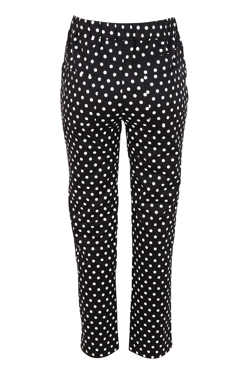 Product shot of the Belle Printed Pull On Slim Leg Cotton Stretch  Pant in colour Blackwhite (Black), from the back