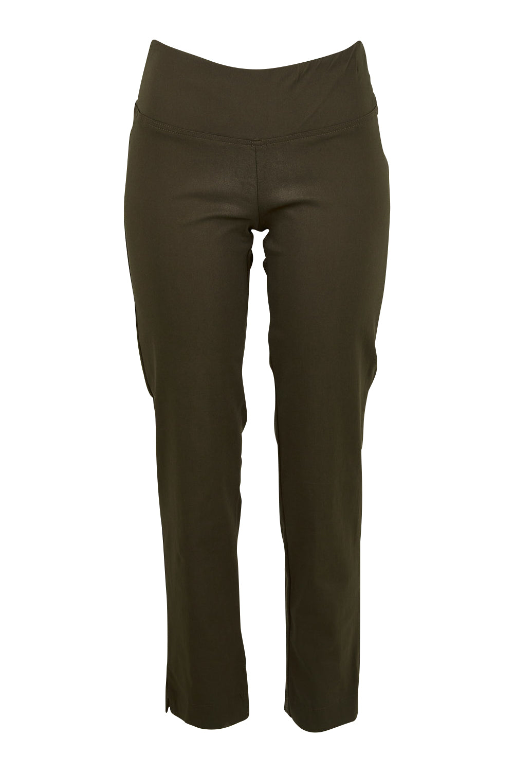 Product shot of the Belle Essential Pull On Slim Leg Pant in colour Nightgreen (Green), from the front