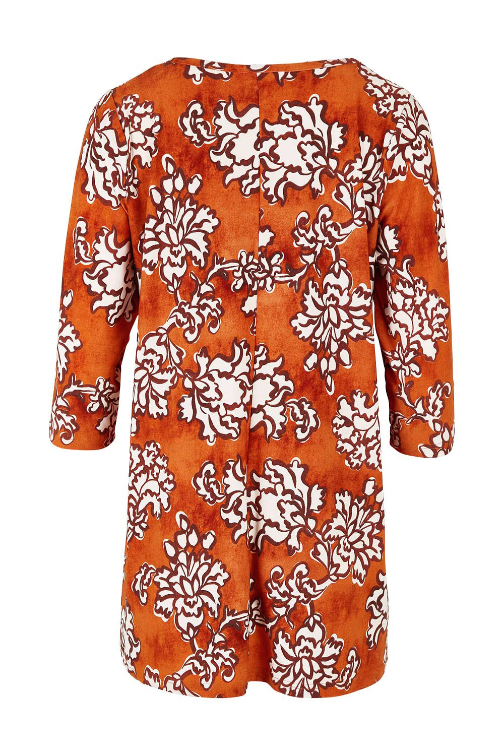 Product shot of the Belle High Low Tee Shirt in colour Rustfloral, from the back