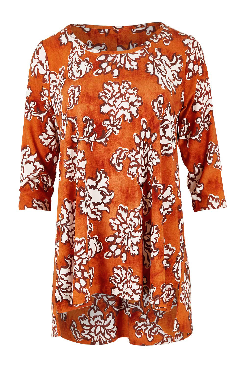 Product shot of the Belle High Low Tee Shirt in colour Rustfloral, from the front