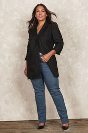 Model Ashleigh wearing size 16 of the Belle Boot Leg Jean in colour Denim (Blue), from the front, showing the whole outfit