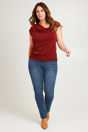 Model Laura wearing size 14 of the Belle Boot Leg Jean in colour Denim (Blue), from the front, showing the whole outfit