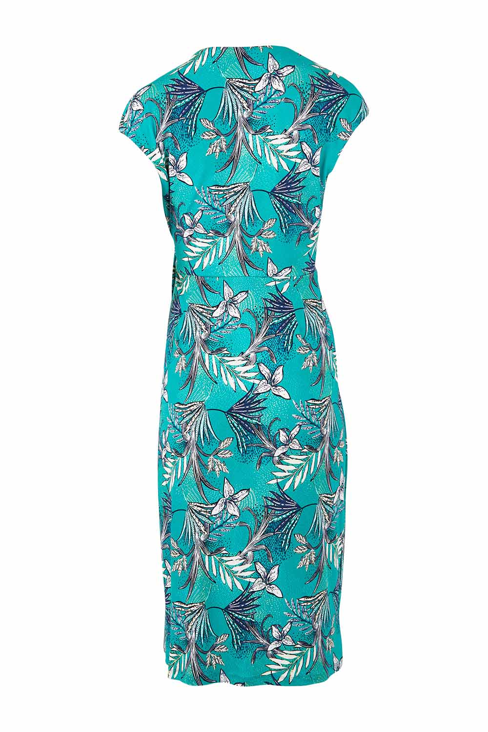 Product shot of the Belle Faux Wrap Drape Dress in colour Aquafleur (Green), from the back