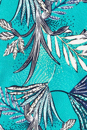 Product shot of the Belle Faux Wrap Drape Dress in colour Aquafleur (Green), detail