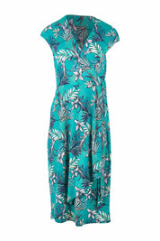 Product shot of the Belle Faux Wrap Drape Dress in colour Aquafleur (Green), from the front