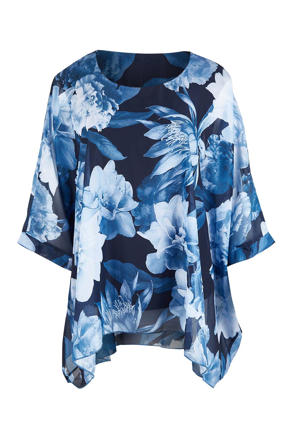 Product shot of the Belle Chiffon Overlay Top in colour Bluefloral (Blue), from the front