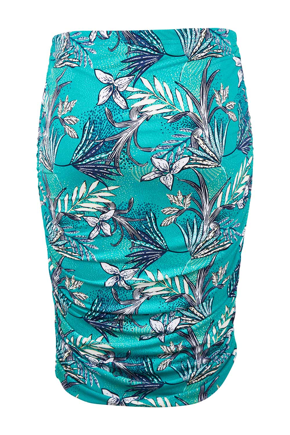 Product shot of the Belle Lined Side Gathered Skirt in colour Aquafleur (Green), from the back