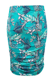 Product shot of the Belle Lined Side Gathered Skirt in colour Aquafleur (Green), from the back
