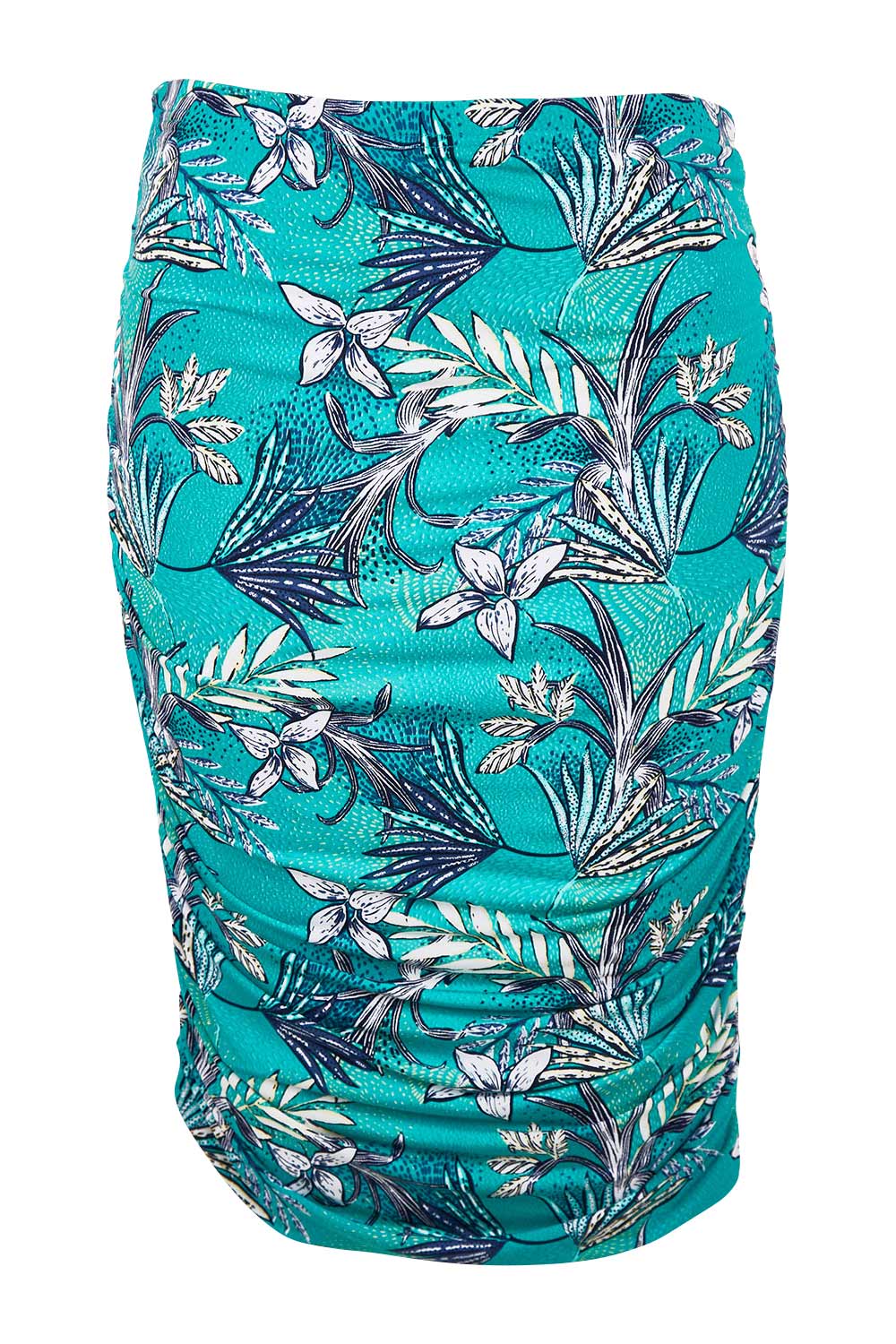 Product shot of the Belle Lined Side Gathered Skirt in colour Aquafleur (Green), from the front