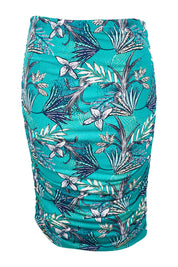Product shot of the Belle Lined Side Gathered Skirt in colour Aquafleur (Green), from the front