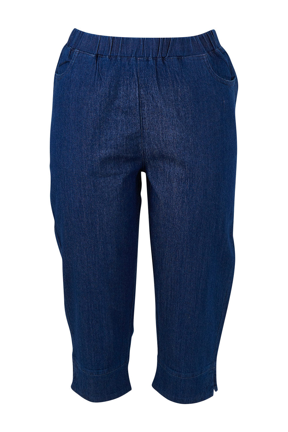 Product shot of the Belle 3/4 Length Pull On Jean in colour Denim (Blue), from the front