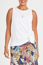 Model Noli wearing size 14 of the Belle Luxe Bamboo Tank in colour White (White), from the front, cropped image