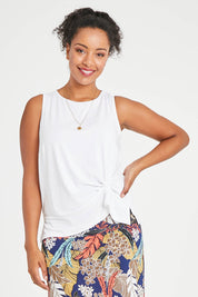 Model Noli wearing size 14 of the Belle Luxe Bamboo Tank in colour White (White), from the front, cropped image
