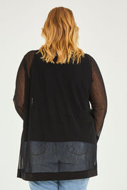 Model Caitlin wearing size 20 of the Belle Long Mesh Cardigan in colour Black (Black), from the back