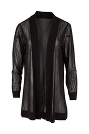 Product shot of the Belle Long Mesh Cardigan in colour Black (Black), from the front