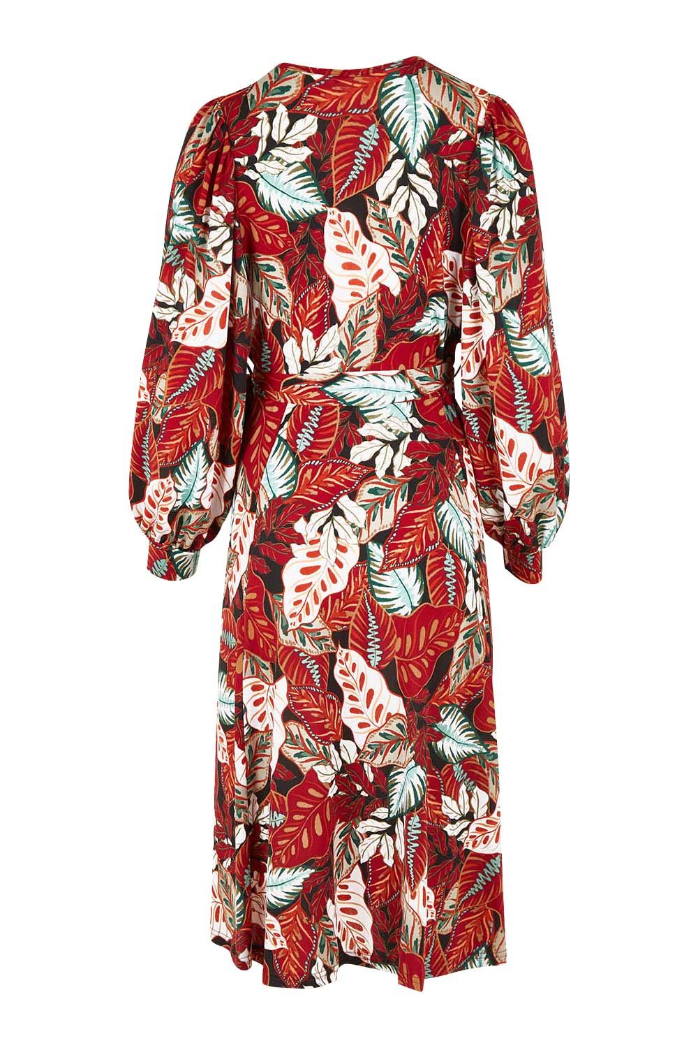 Product shot of the Belle Full Sleeve Print Dress in colour Floral (Red), from the back