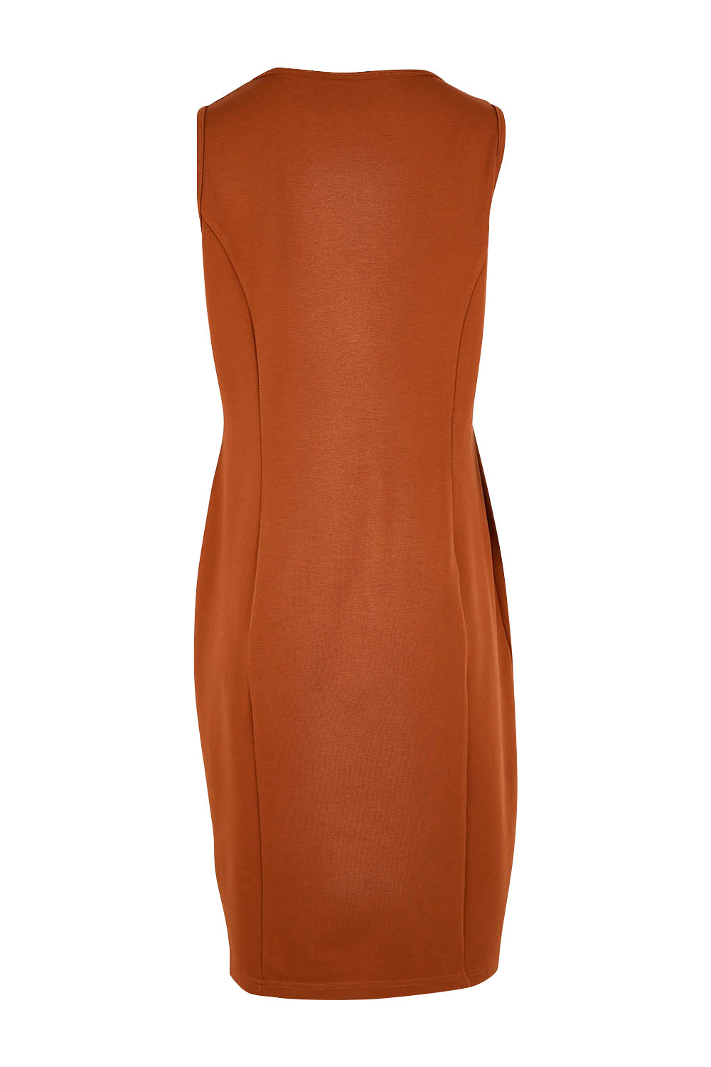 Product shot of the Belle Classic Ponte Sleeveless Dress in colour Ochrerust, from the back