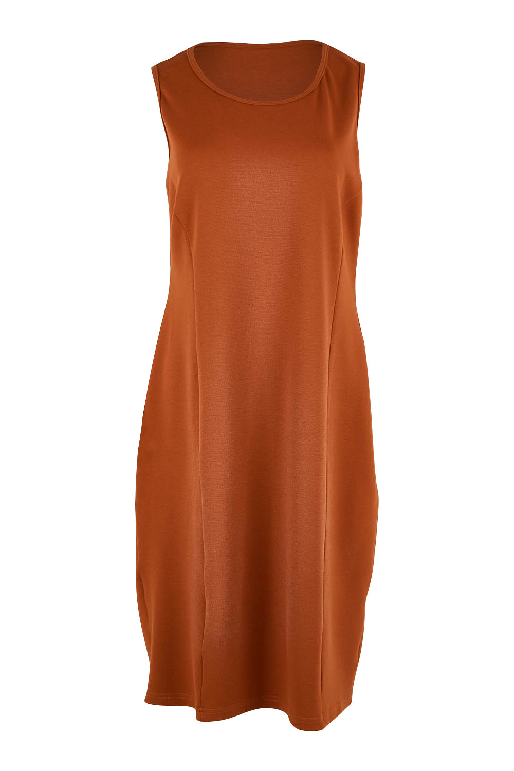 Product shot of the Belle Classic Ponte Sleeveless Dress in colour Ochrerust, from the front