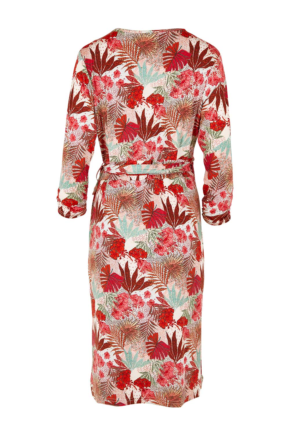 Product shot of the Belle Print Dress With Ruched Sleeves in colour Rustfloral, from the back