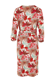 Product shot of the Belle Print Dress With Ruched Sleeves in colour Rustfloral, from the back