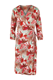 Product shot of the Belle Print Dress With Ruched Sleeves in colour Rustfloral, from the front