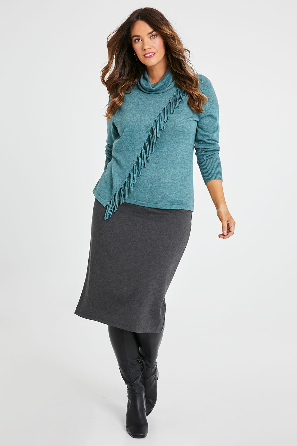 Model Laura wearing size 14 of the Belle Ponte Pull On Skirt in colour Charcoal (Grey), from the front, showing the whole outfit