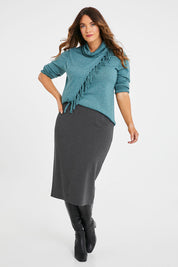 Model Laura wearing size 14 of the Belle Ponte Pull On Skirt in colour Charcoal (Grey), from the front, showing the whole outfit