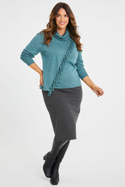 Model Laura wearing size 14 of the Belle Ponte Pull On Skirt in colour Charcoal (Grey), from the front, showing the whole outfit