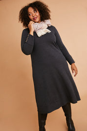 Model Alexis wearing size 16 of the Belle Fit & Flare Lined Knit Dress in colour Steelgrey (Grey), from the front, showing the whole outfit