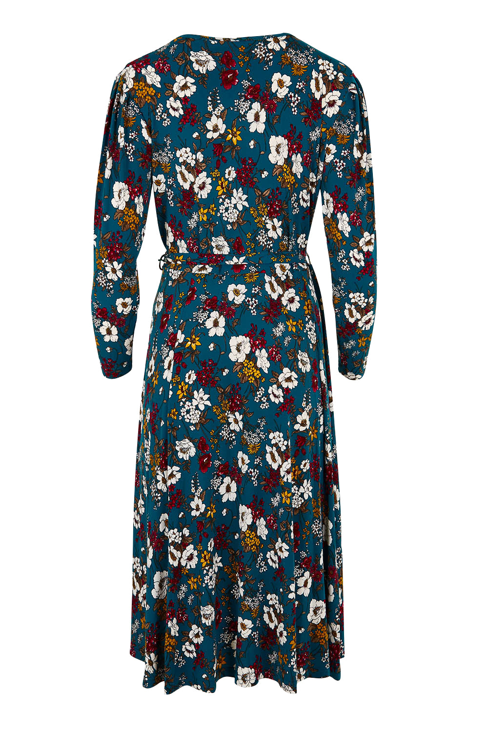 Product shot of the Belle Printed Faux Wrap Dress in colour Tealfleur (Green), from the back