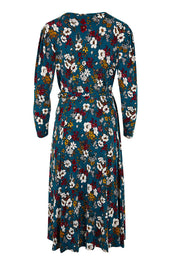 Product shot of the Belle Printed Faux Wrap Dress in colour Tealfleur (Green), from the back