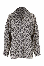 Product shot of the Belle Batwing Printed Shirt in colour Blackivory (Black), from the front
