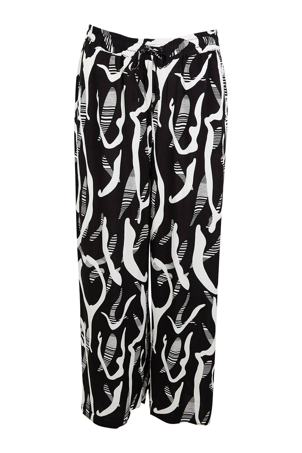 Product shot of the Belle Relaxed Wide Leg Pull On Pant in colour Blackivory (Black), from the front