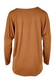 Product shot of the Belle Luxe Bamboo V Neck Tee in colour Tawny, from the back