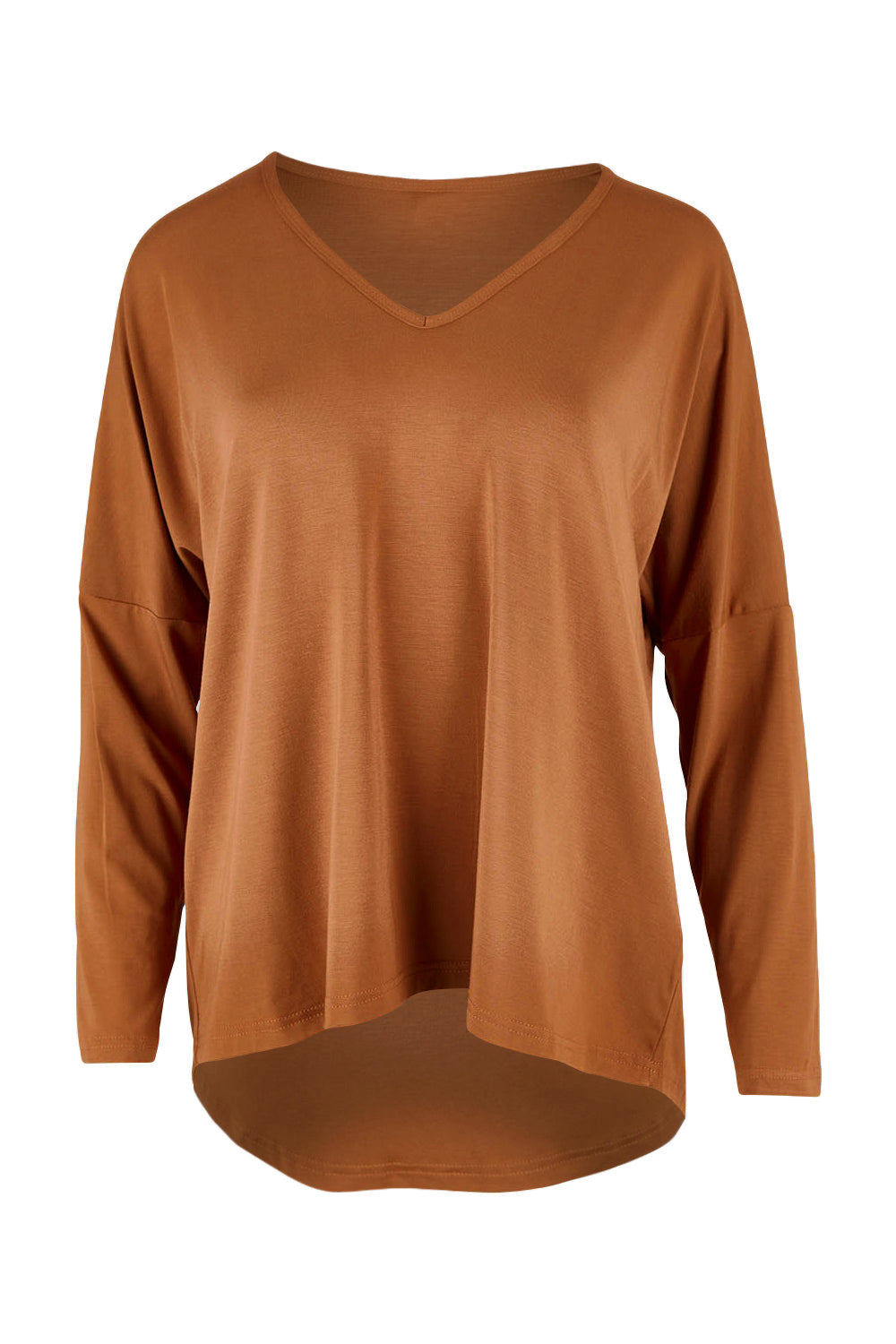 Product shot of the Belle Luxe Bamboo V Neck Tee in colour Tawny, from the front
